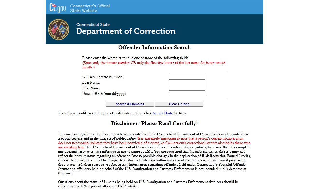 CT DOC offender information search portal used to look up Greenwich-area inmate records in state custody
