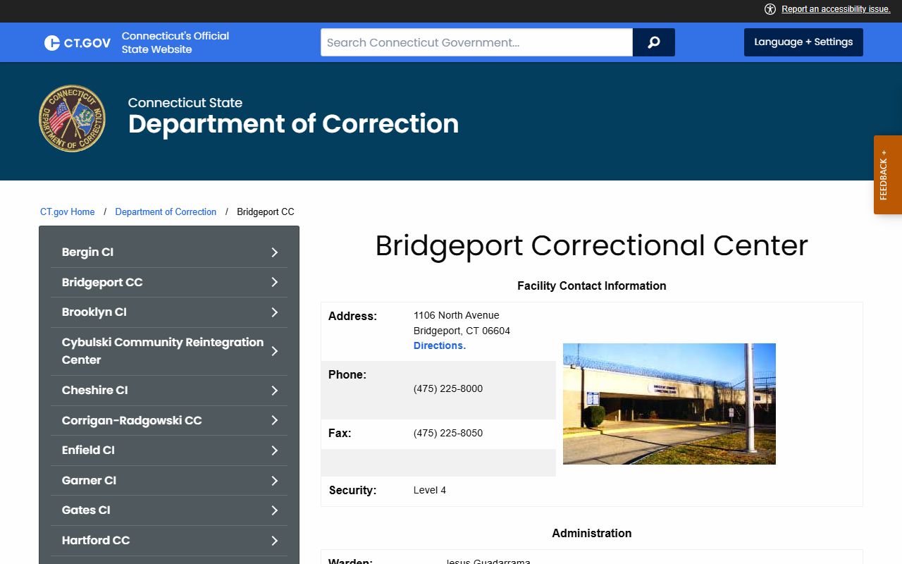 Bridgeport Correctional Center official facility page used to look up CT DOC inmate population and custody details