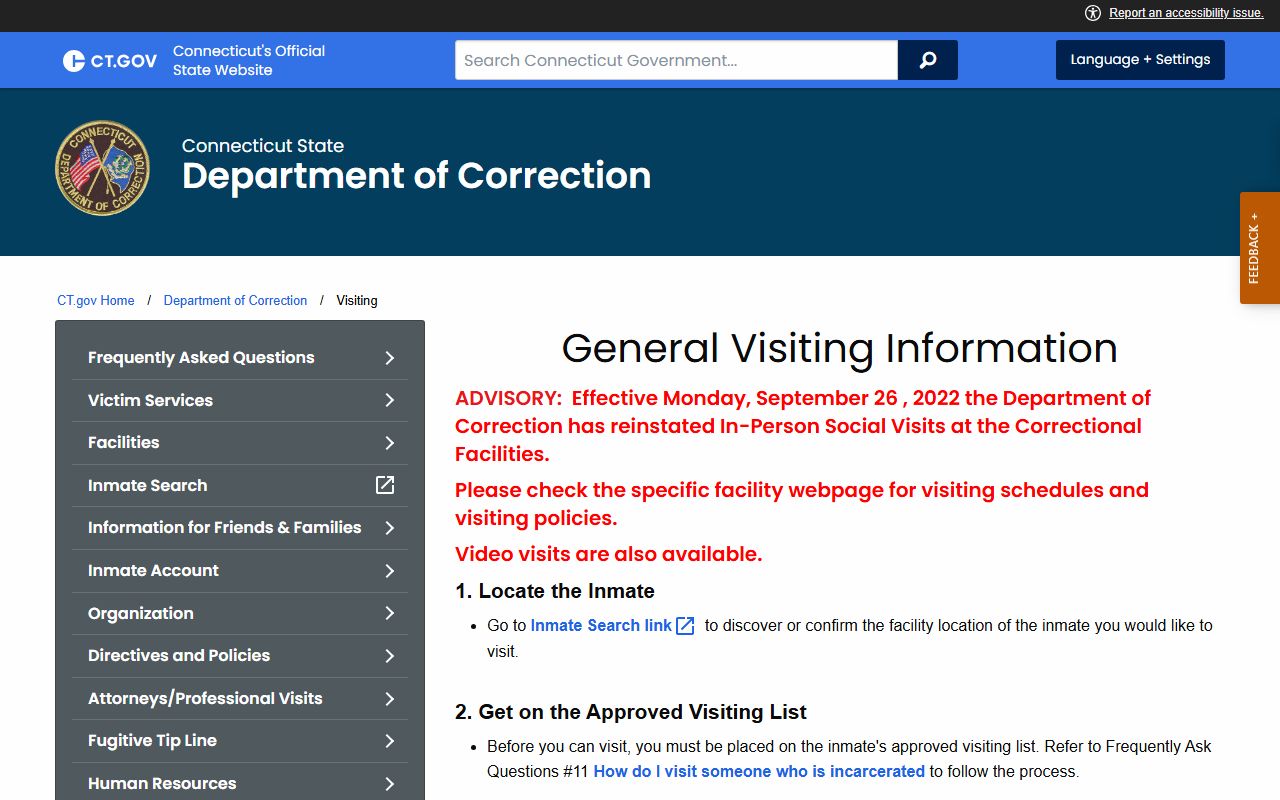 CT DOC statewide visiting rules that apply to Greenwich inmates held in state custody