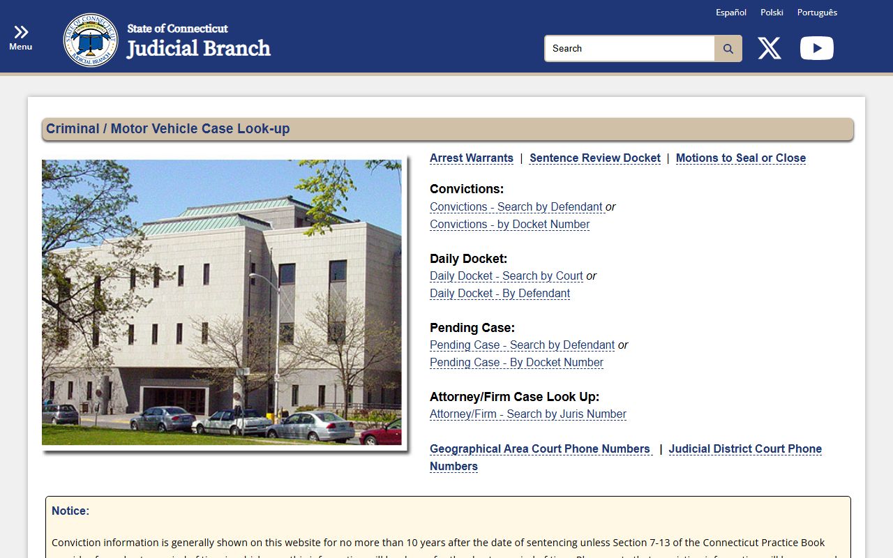 Connecticut Judicial Branch criminal case look-up hub used to find Greenwich court records after an arrest
