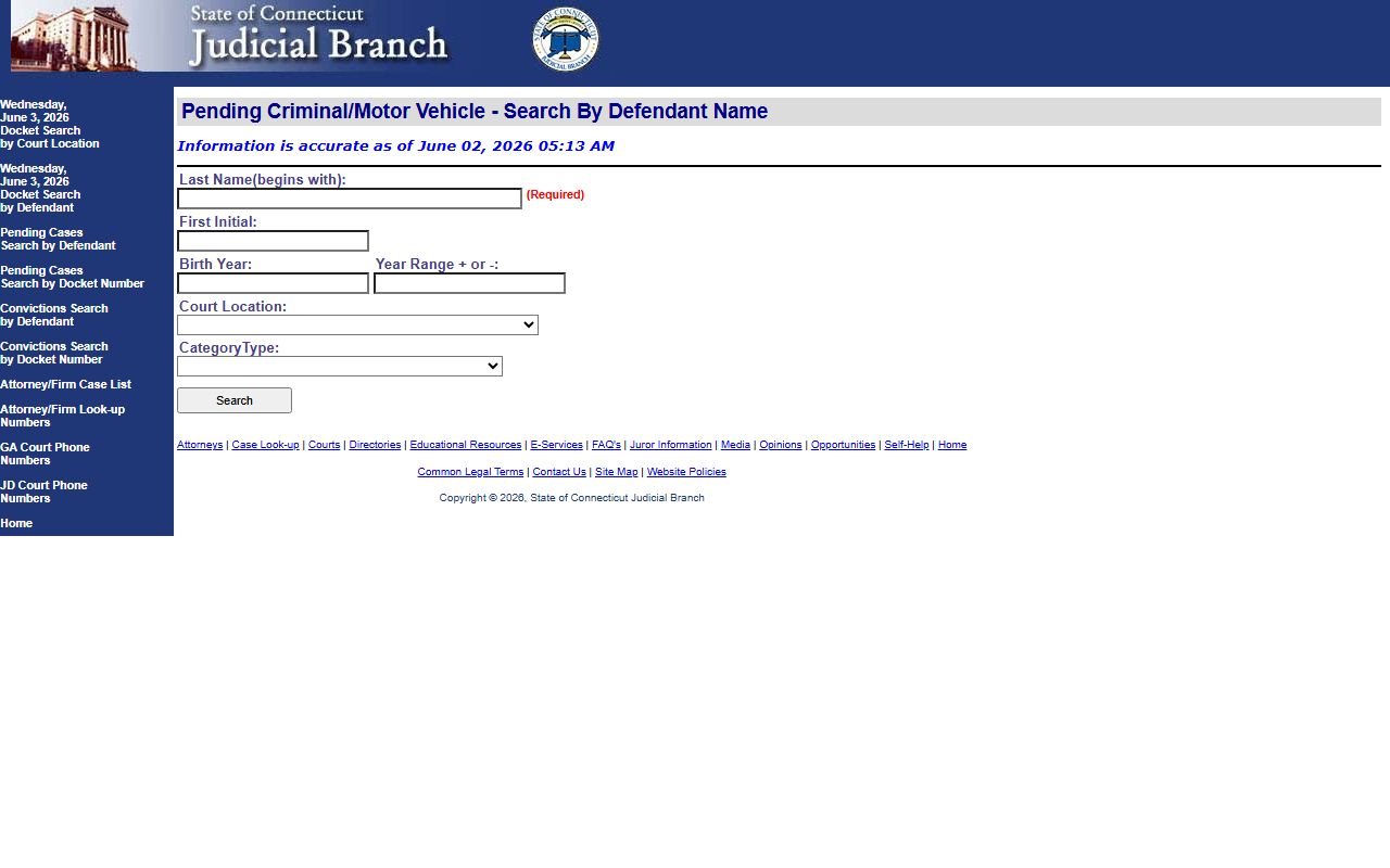 Connecticut pending case search form used to look up Greenwich court records by defendant name after an arrest