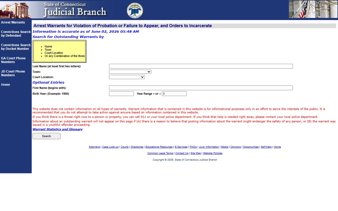 Connecticut Judicial Branch warrant search with Greenwich town filter for court records after an arrest