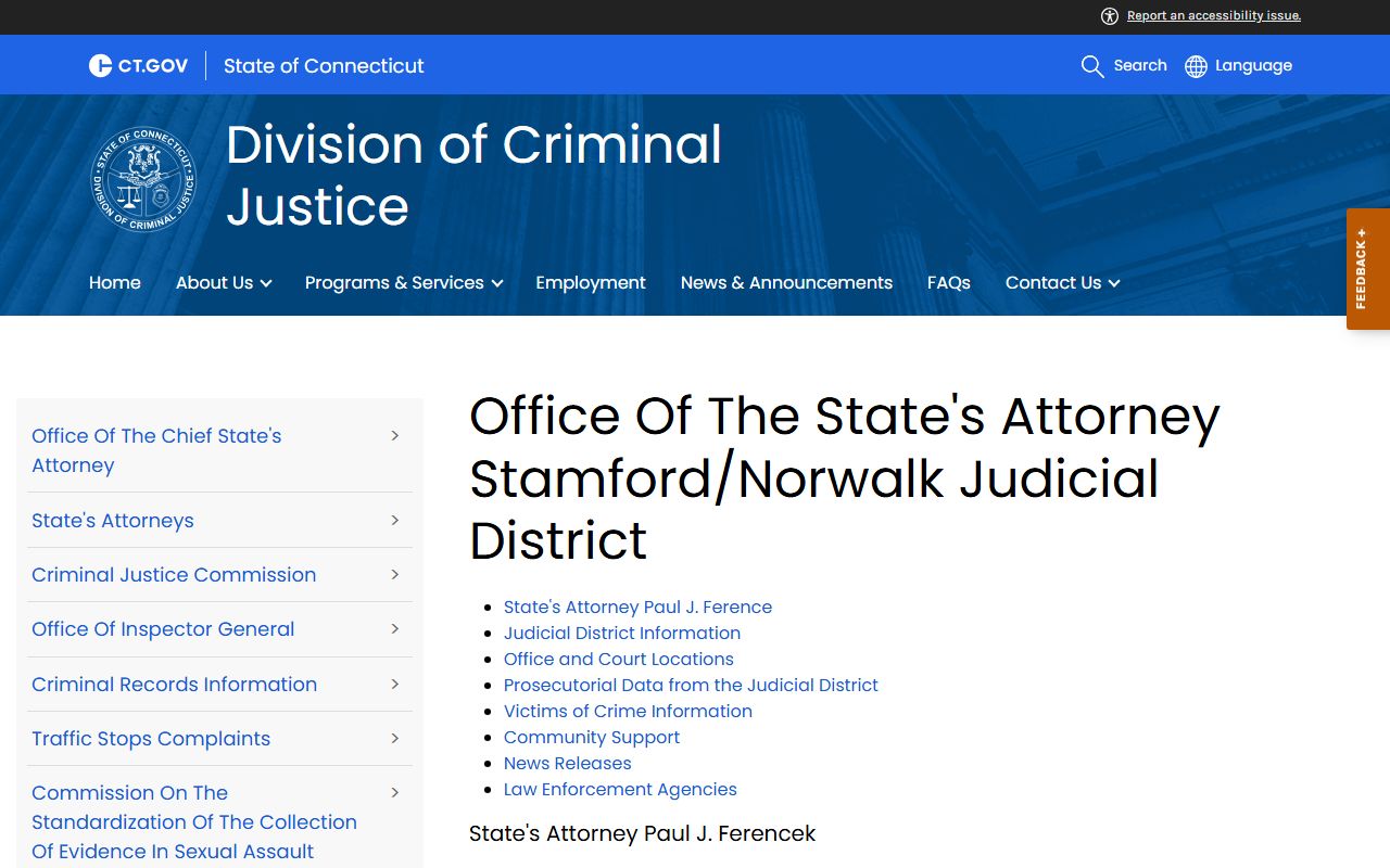 Stamford Norwalk State's Attorney page covering Greenwich court records and prosecution after an arrest
