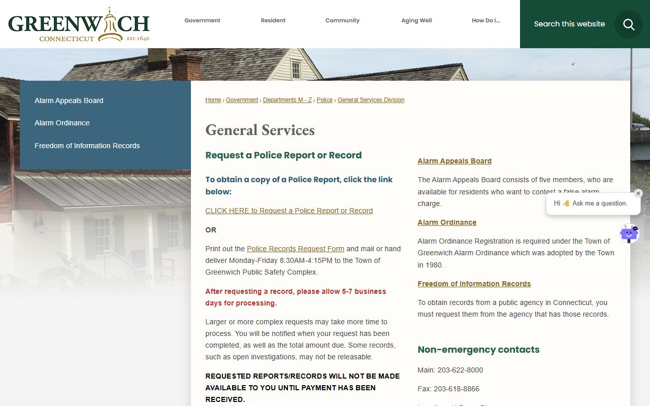 Greenwich Police records request instructions and fees for arrest and booking records in Greenwich County