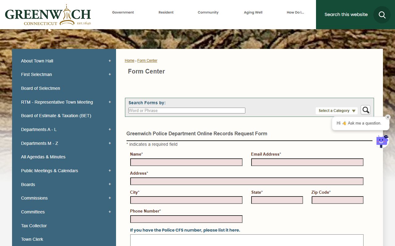 Greenwich County police online records request form used to seek booking photos and arrest records