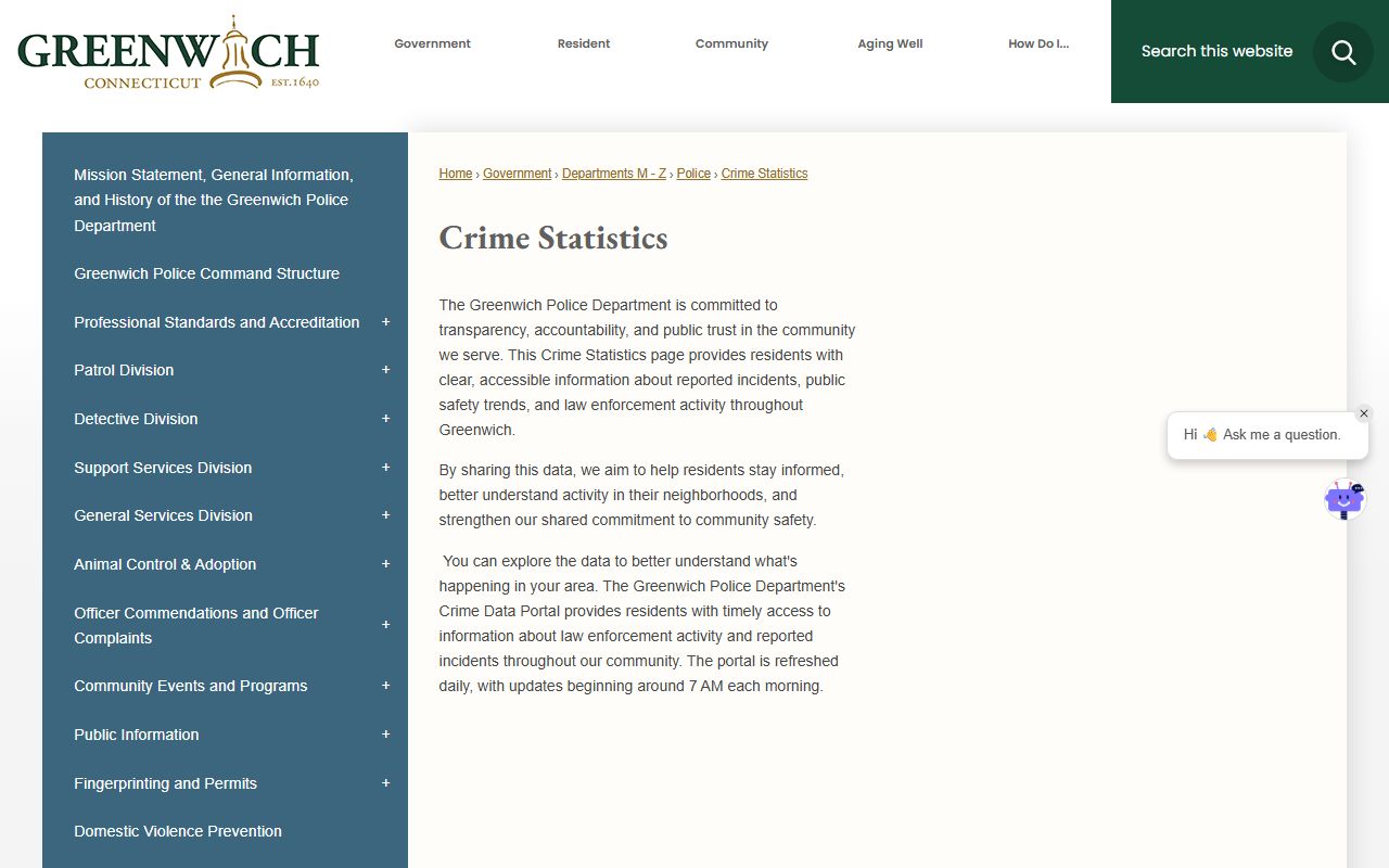 Greenwich County Crime Data Portal page that shows incident data but no jail mugshots or booking photos