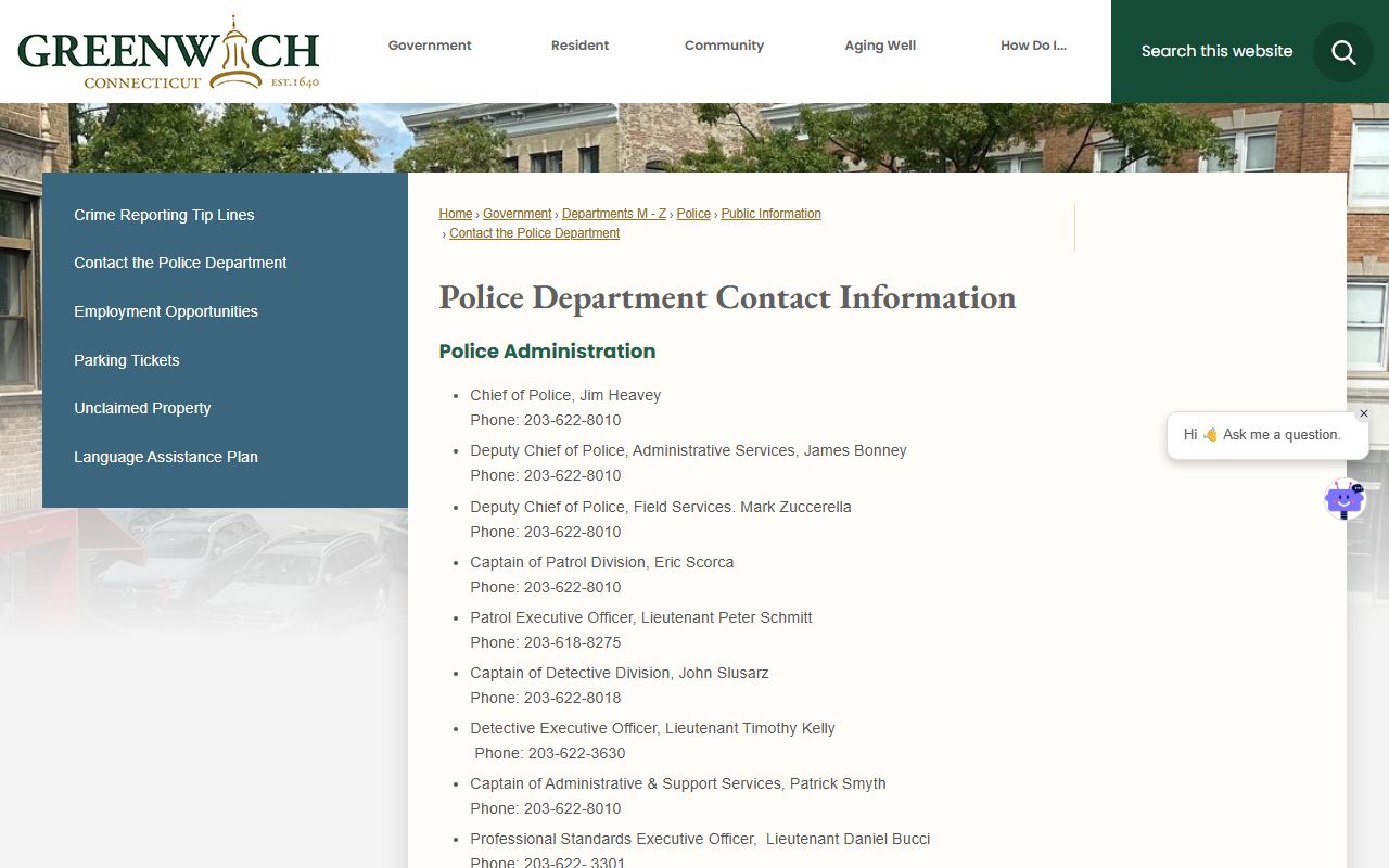 Greenwich Police Department Public Safety Complex contact and arrest records phone list
