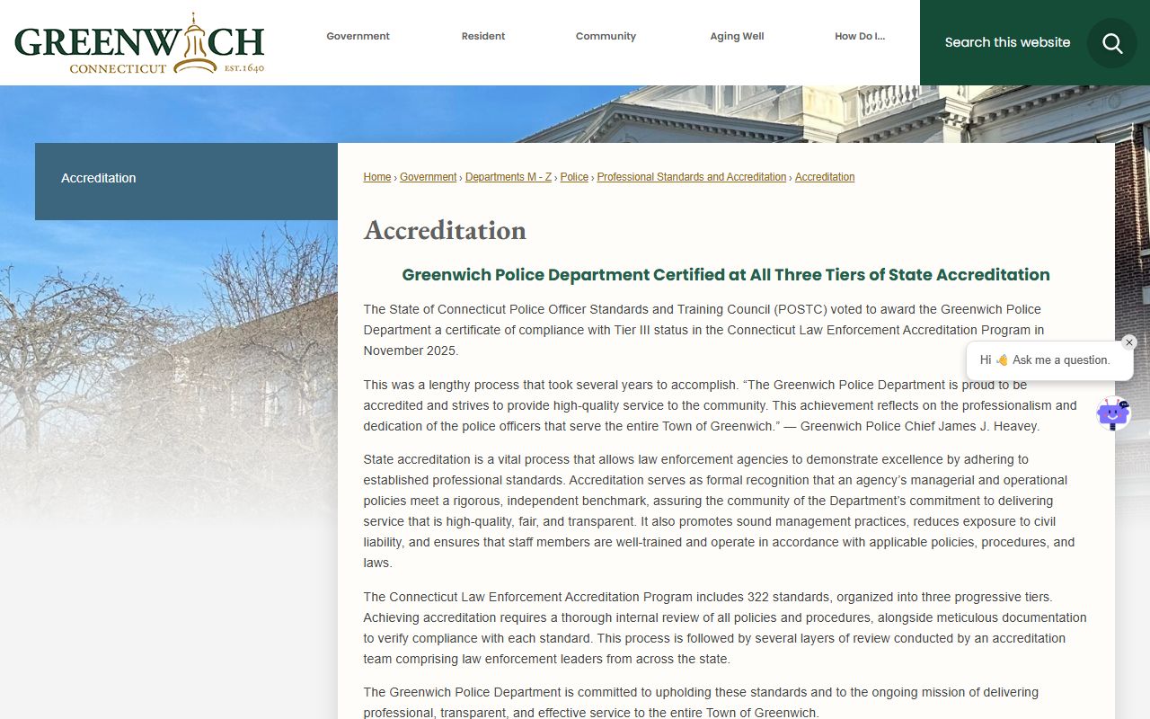 Greenwich Police Department Tier III accreditation page for arrest and records standards